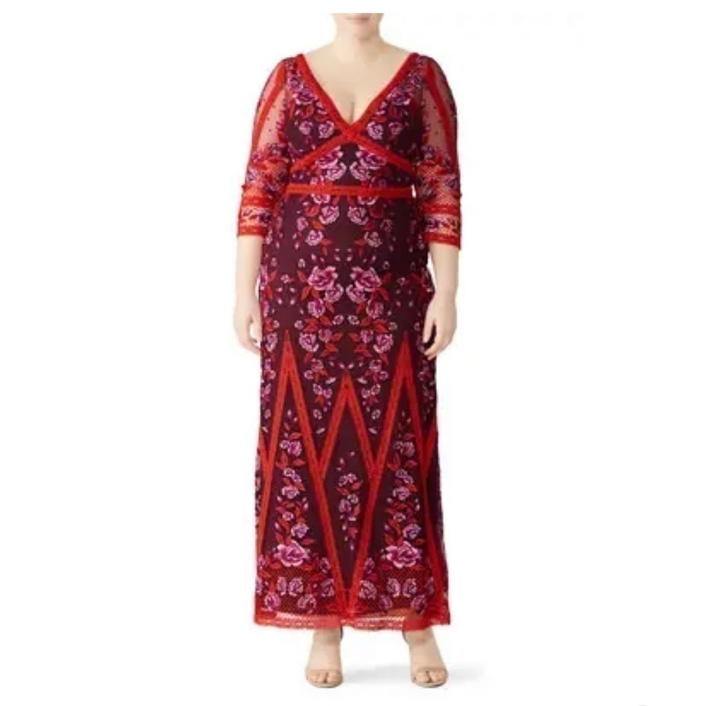 Marchesa Notte Wine Floral Lace Gown